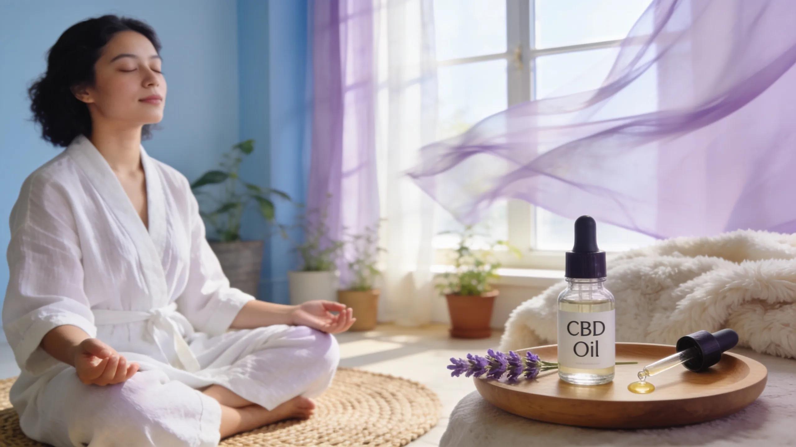 Person practicing relaxation with CBD products nearby in a serene environment